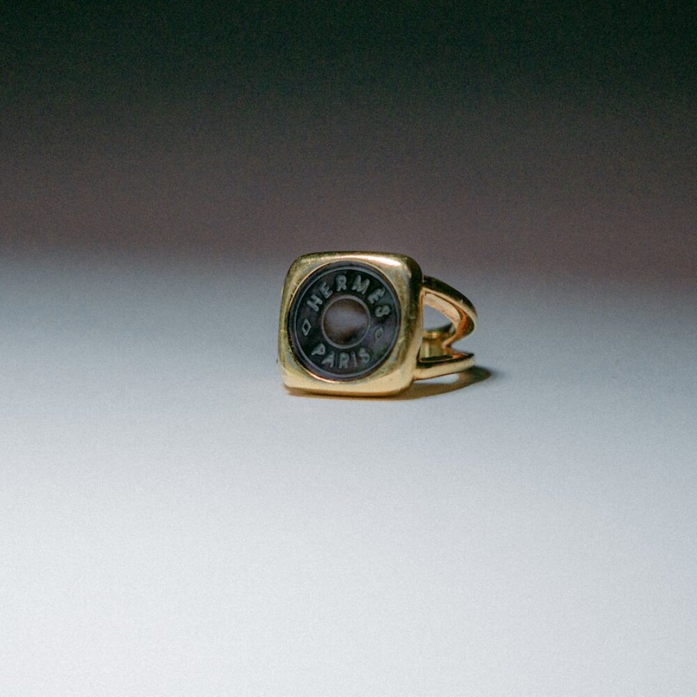 Hermes Mother of Pearl Signet Gold Tone Ring
